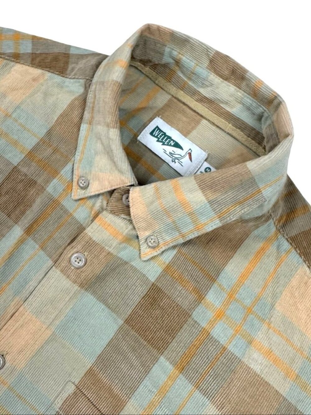 Wellen Men's 100% Organic Cotton Corduroy L/S Button Shirt Brown Plaid • Medium